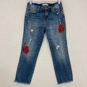 Kancan Blue Distressed Floral Embroidered Frayed Hem Slim Crop Jeans size 27